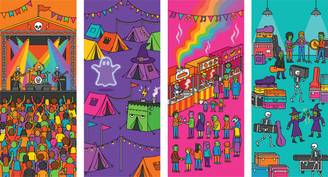Halloween monster festival with skeleton band concert, camping tents and food stalls illustration