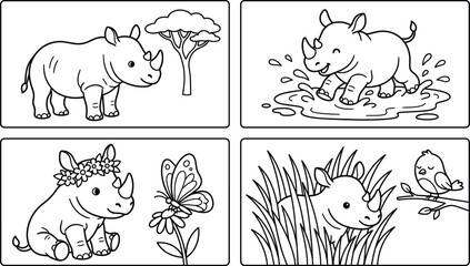 Obraz premium Cute Cartoon Rhinoceros Coloring Page Vector Set Featuring Baby Rhino in Savannah Splashing in Mud Wearing Flower Crown and Hiding in Grass