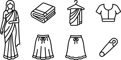 Fototapeta premium Traditional Indian Saree and Women Ethnic Wear Icon Set Featuring Blouse Skirt Safety Pin and Hanger Apparel Line Vector Art for Fashion Design