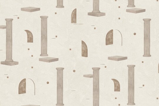 Seamless pattern featuring beige classical architectural like ionic columns, stone arches, and square pedestals on a textured background