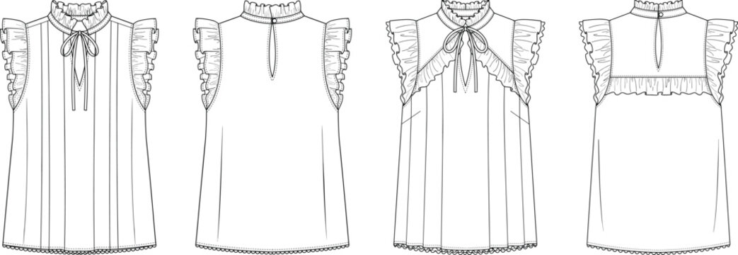 Women sleeveless ruffle blouse technical flat sketch vector template with frill tie neck and yoke details front back views mockup
