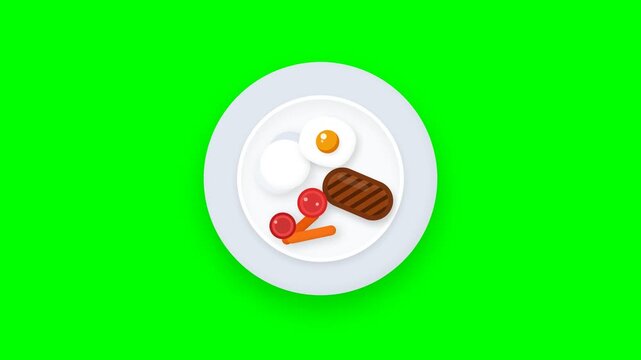 Minimalist Flat Design Animation of Fried Egg and Grilled Sausage on White Plate Green Screen