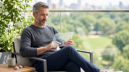 Fototapeta premium Man relaxing with tablet on balcony