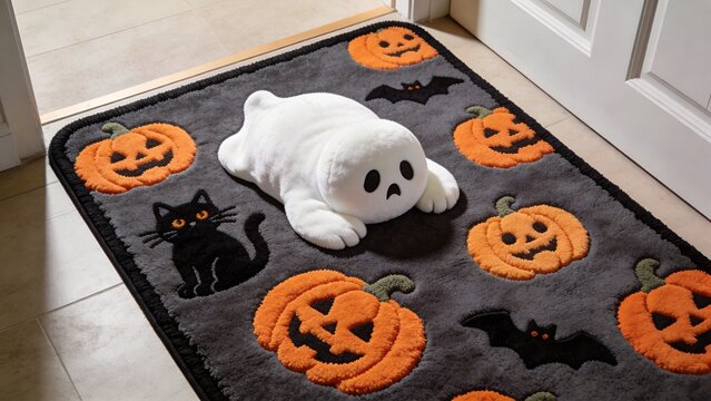 Spooky Halloween Door Mat: A charming Halloween-themed door mat featuring jack-o'-lanterns, black cats, bats, and a cute ghost, welcoming guests with a festive spirit.