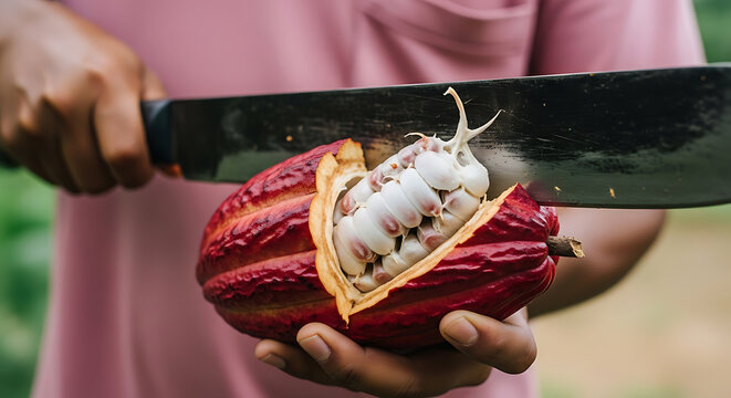 Person holding a split red cacao pod with a machete, revealing white cocoa beans inside, close-up view of tropical fruit harvesting process