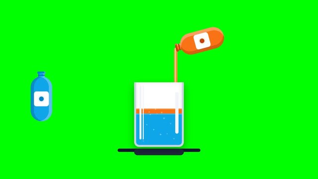 Animated blue and orange liquid pouring into glass on green screen for science chemistry and drink mixing concepts