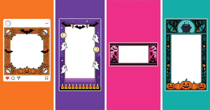 Halloween decorative photo frame with pumpkin, ghost, bat and cauldron border vector illustration set