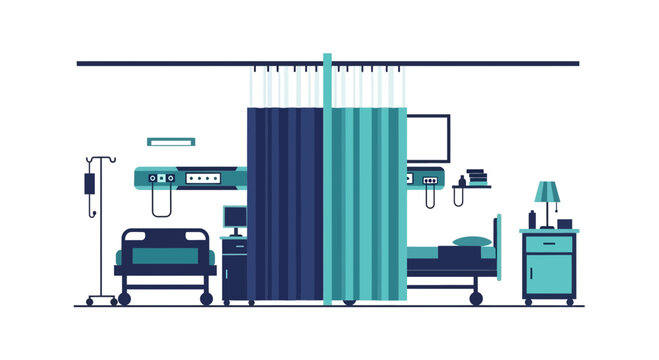 Hospital Room Interior Illustration With Medical Equipment, Treatment, And Privacy Curtains