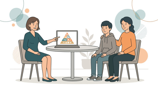 Dietitian consults with mother and son, explaining healthy eating pyramid on laptop screen
