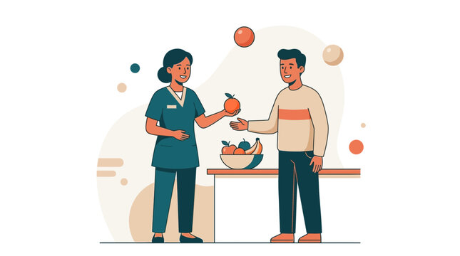 Dietitian offering fruit to patient in modern flat illustration style, promoting healthy eating and nutrition counseling.