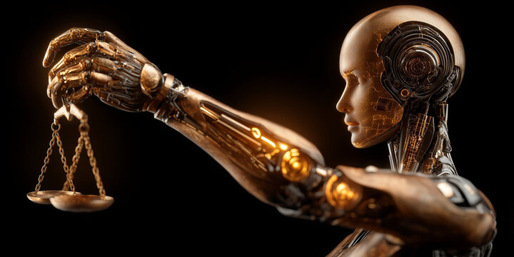 Futuristic robot holding scales of justice symbolizing data privacy and legislation in a technological era
