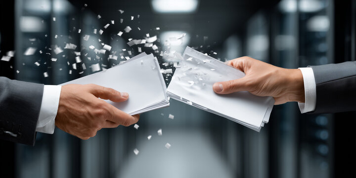 Two business professionals exchanging documents in a data center highlighting data privacy and legislative compliance in the digital age