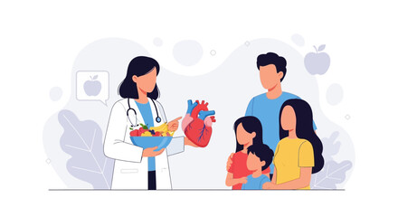 Fototapeta premium Doctor Advises Family on Healthy Heart Diet with Fruits and Anatomical Heart Model