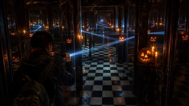 Spooky Maze Encounter: A lone figure navigates a dark and eerie maze filled with carved pumpkins, candles, and a mysterious blue light, creating a scene of suspense and intrigue.
