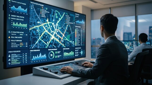 Operator managing smart city traffic dashboard in control room, urban planner monitoring real-time data flow and energy grid status on large screen, futuristic infrastructure an...