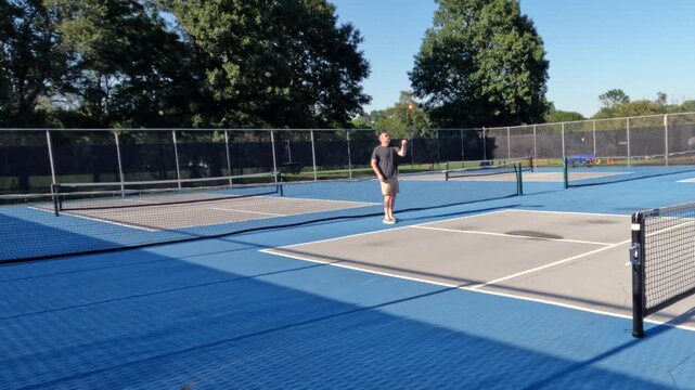 Active middle-aged man hitting an orange ball with a paddle during a pickleball game on an outdoor blue and gray court on a sunny summer day