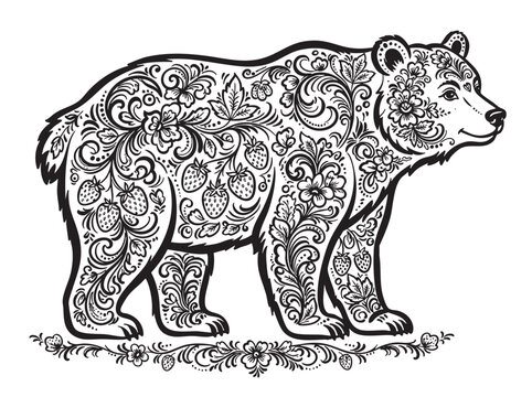 Black and white bear, ornate bear illustration, zentangle bear, decorative animal art, vector graphics
