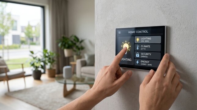 Smart home control panel on wall, person using touch screen interface for lighting, climate, security, energy management, modern automation system, connected living space, IoT t...