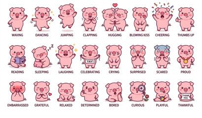 Happy Cartoon Pig Bundle with Cute Pink Piglets Showing Different Emotions Vector Collection © Kuddus