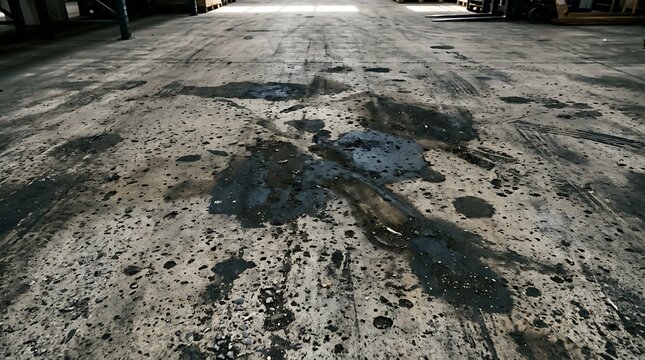 Damaged industrial concrete floor with oil stains and potholes