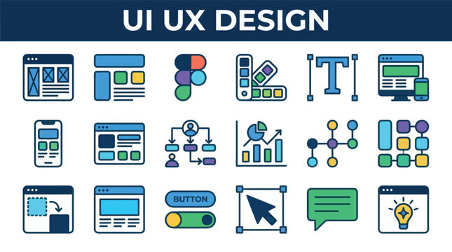 Ui ux design interface and web development icon collection with dashboard mobile app typography workflow analytics wireframe and creative design elements