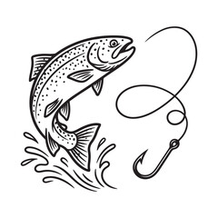 Naklejka premium Jumping trout fish with a fishing hook line illustration