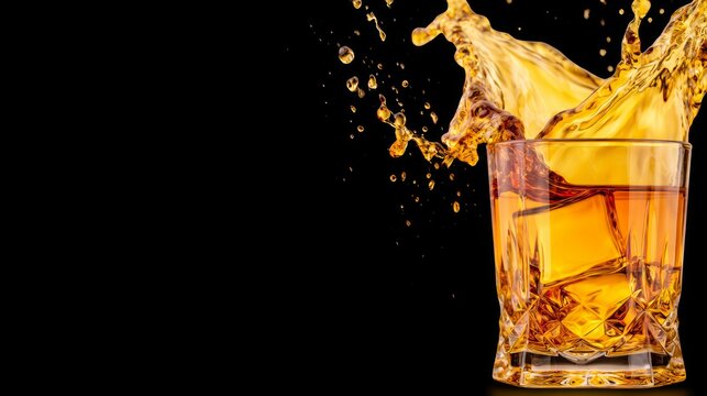 Dynamic High Speed Action Shot of Golden Whiskey Splashing in a Glass Against a Black Background