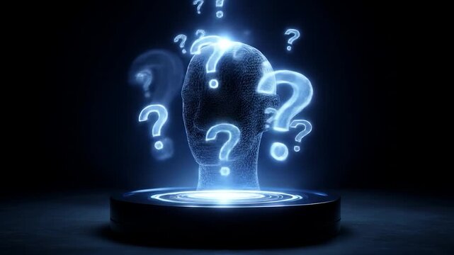 Abstract digital human head with question marks illuminated