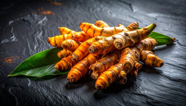 Fresh turmeric roots on a textured black stone surface with dramatic lighting, showcasing natural spice, organic ingredients and rustic culinary style.