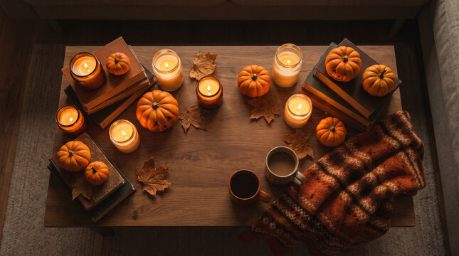 Cozy Autumn Table Arrangement with Pumpkins, Lit Candles, Books and a Plaid Blanket for Warm Fall Vibes