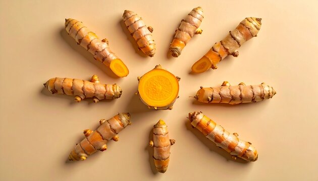 Creative flat lay of fresh turmeric roots arranged in a geometric pattern, emphasizing organic ingredients, natural symmetry and healthy food concepts.