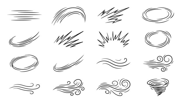 Comic wind motion effect with speed lines, wind lines, explosion, circle and swirl.