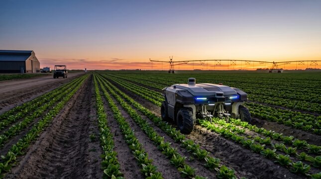 Autonomous agricultural robot working in crop field at sunset, precision farming technology, smart agriculture machinery tending lettuce plants, future food production innovation.