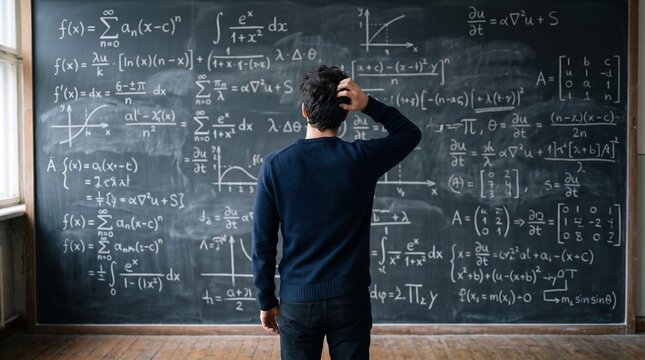 Pensive student scratching head while looking at complex math equations on blackboard with mathematics blackboard equations formulas education learning classroom academic