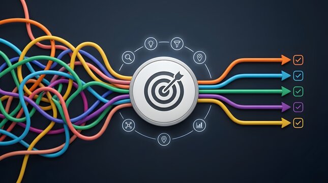 Colorful tangled lines converging into a central target with business icons and emerging as straight checked arrows representing organized corporate strategy