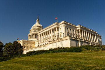 Obraz premium American flag over Capitol dome. Patriotic American symbol shows freedom. American government building stands historic. USA Capitol reflects American democracy.