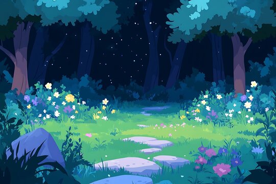 Enchanted forest path at night