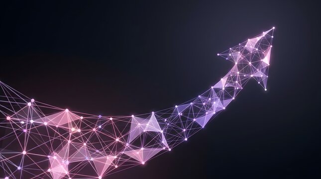 Glowing digital network polygon arrow pointing upward representing business growth technological advancement and financial success