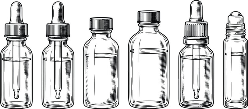 Vintage engraved glass dropper bottles and medicine container collection isolated illustration set