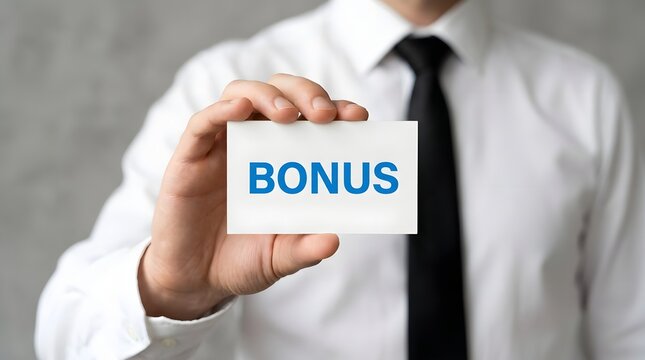 A Professional Businessman Holding A White Card With The Text Word Bonus