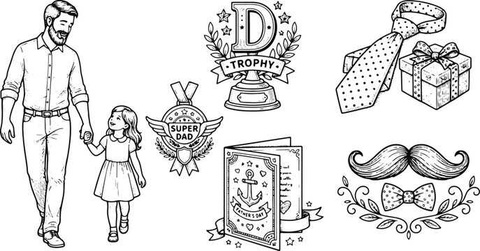 Vintage engraved Father's Day elements collection featuring dad gifts trophy tie card and mustache