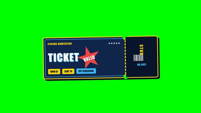Animated Cinema Admission Ticket Stamped Valid for VIP Screening on Green Screen
