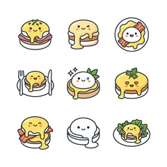 Fototapeta premium Cute Kawaii Eggs Benedict Icon Set, Breakfast Food Vector Art