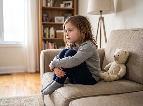 Sad little girl sitting alone on sofa hugging her knees with teddy bear nearby solitude depressed isolated distressed thoughtful innocent emotional struggle