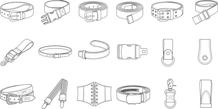 Leather Belts Buckles and Strap Accessories Line Art Vector Collection for Fashion Design
