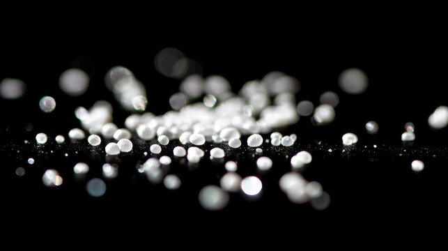 White rounded particles floating on black background with soft bokeh, abstract macro microscopic texture for science research, nanotechnology, laboratory analysis, material structure, cellular observa