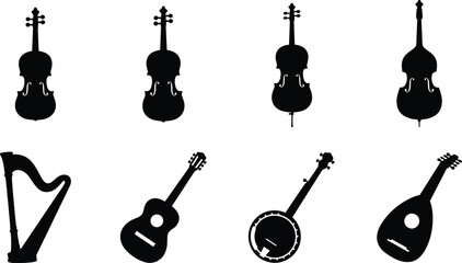 Set of string musical instrument silhouettes including violin viola cello double bass harp acoustic guitar banjo and mandolin isolated on white background © MstRehna