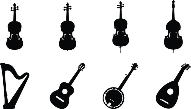Set of string musical instrument silhouettes including violin viola cello double bass harp acoustic guitar banjo and mandolin isolated on white background