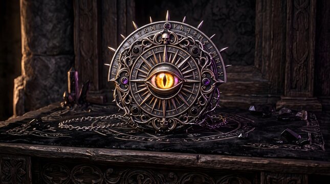 Mysterious ancient artifact with an eye symbol, occult and magical object halloween concept, texture background, copy space