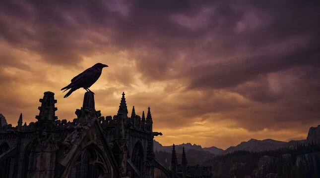 Raven perched on gothic rooftop at dusk, ominous atmosphere and brooding sky halloween concept, texture background, copy space